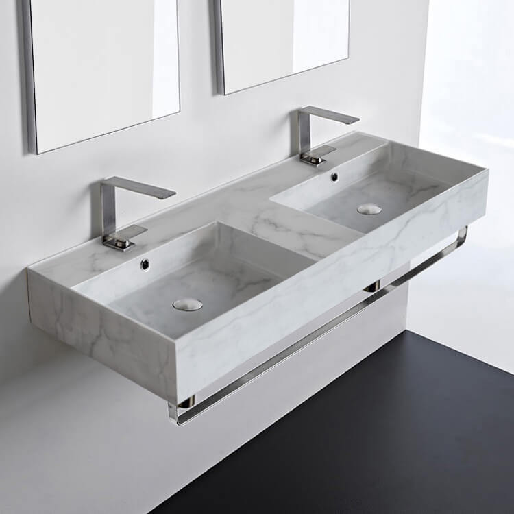 Scarabeo 5143-F-TB-Two Hole Marble Design Ceramic Wall Mounted Double Sink With Polished Chrome Towel Holder